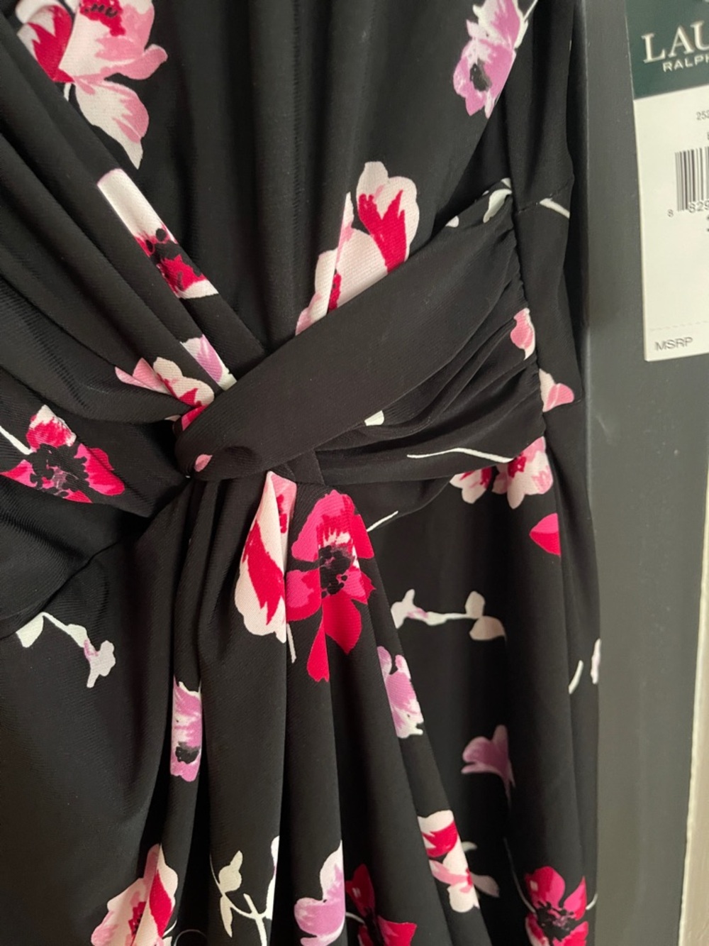 Lauren Ralph Lauren Black Midi Faux-Wrap Dress with Pink Floral Print - Picture 3 of 9